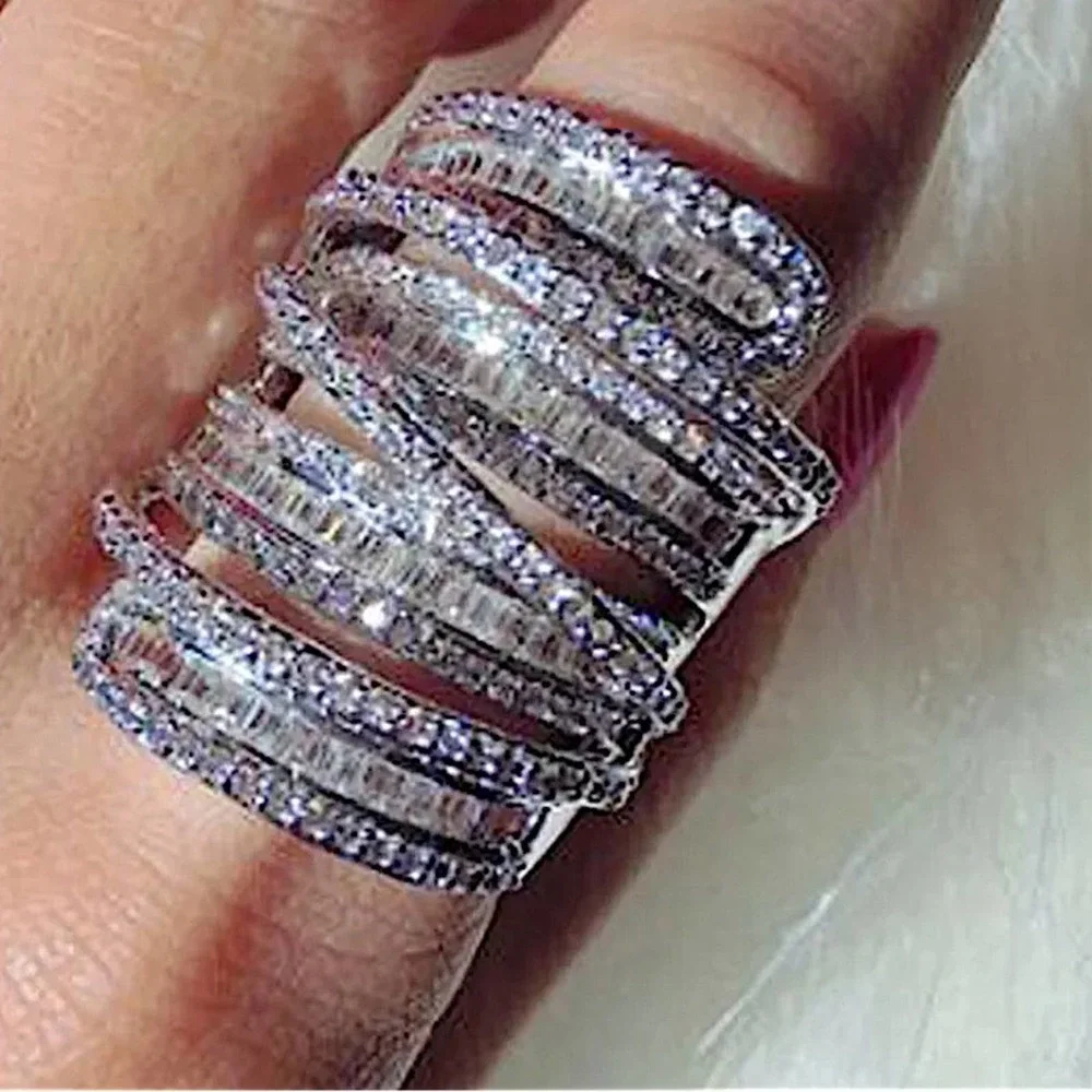 Sterling Silver Baguette Cubic Zircon Multilayer Cross Over Statement Ring